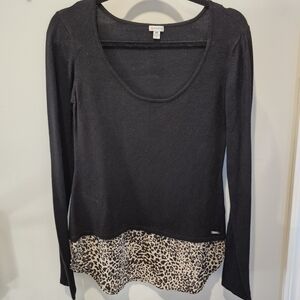 Guess Black Long-Sleeve Top with Leopard Hem